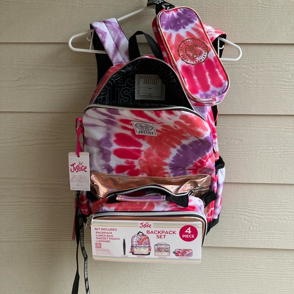 4 Piece Justice Metallic Pink Girls Backpack - Picture 7 of 8